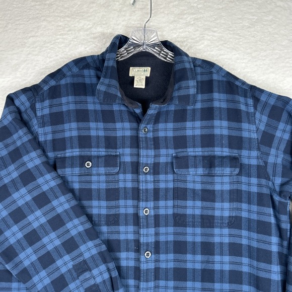 LL Bean Fleece Lined Flannel Shirt Jacket Blue Plaid Men's XL Tall - Picture 7 of 13